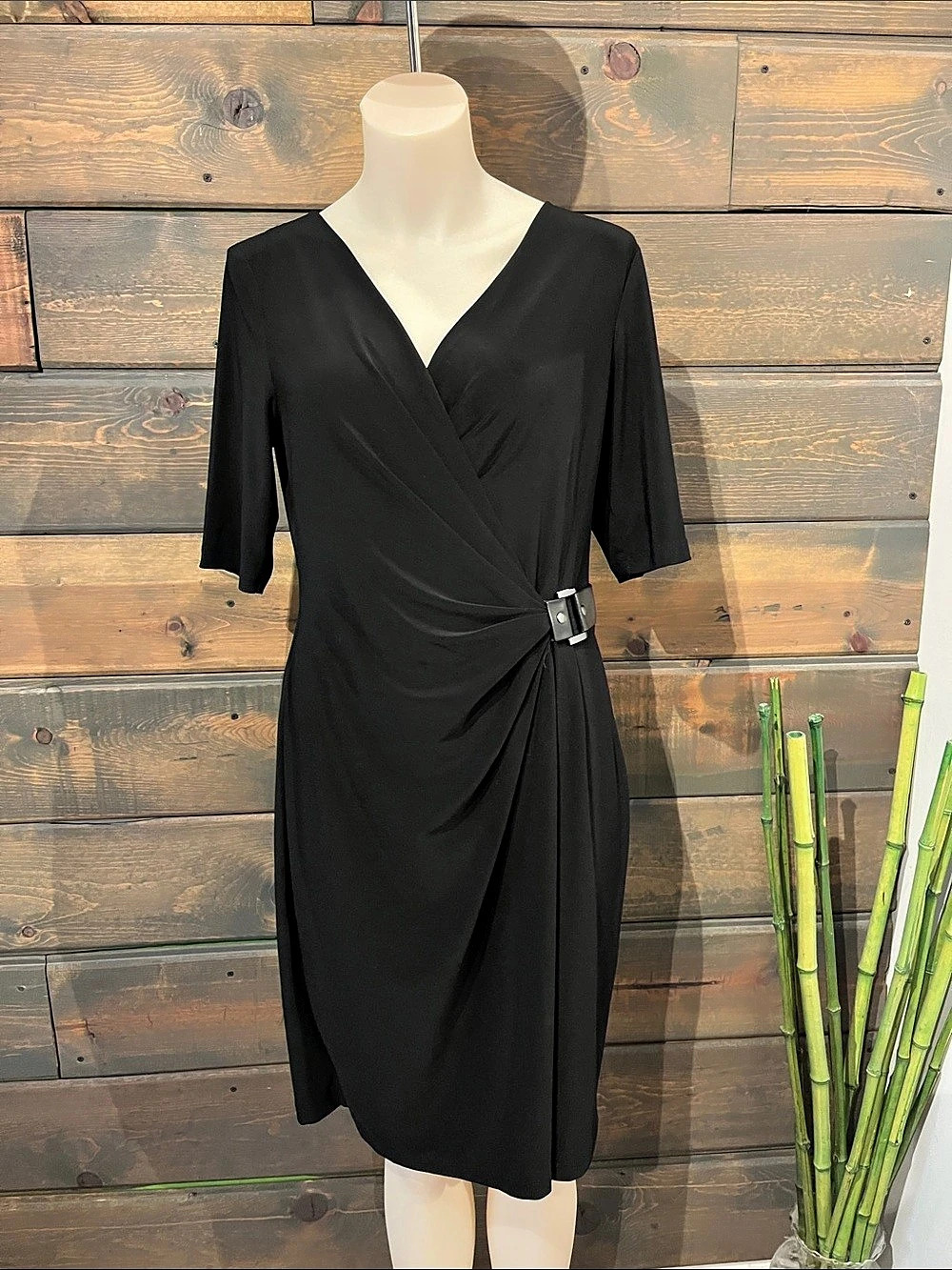 Jones New York Wrap Front Midi Dress in Black Size 8